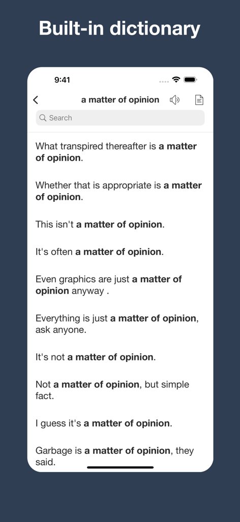 English Collocation Sentence - English Collocation Sentence app screen showing example sentences for a matter of opinion in the built-in dictionary