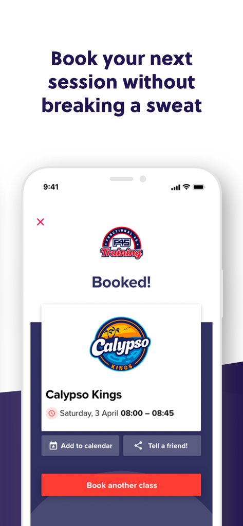 F45 Training Glofox app screen confirming a successful session booking.