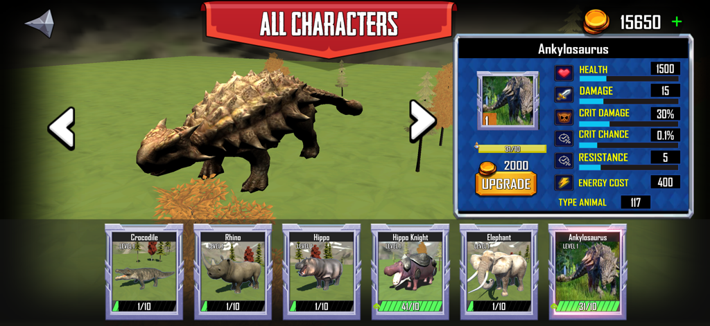 Menü zur Charakterauswahl in Animal battle ARBS mit Ankylosaurus-Statistiken und Upgrade-Optionen