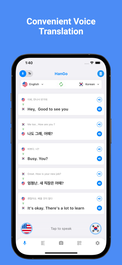 Korean Translator Pro + - Interface of HanGo app showing real-time voice translation between English and Korean for daily conversation