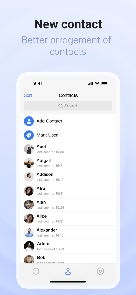 Turrit -Messenger for Telegram - A screenshot of the Turrit messenger contact list with sorting and search options