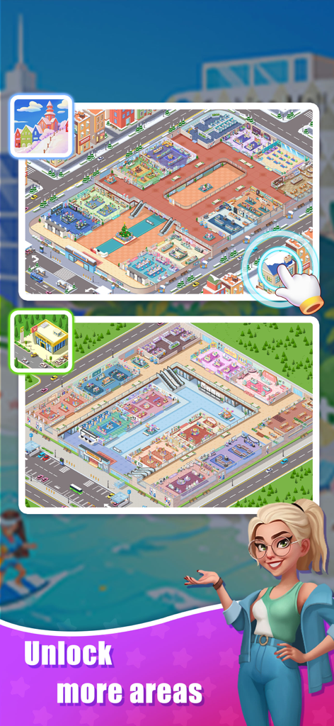 Idle Shopping Mall-Tycoon - Game screen showing various shopping mall layouts to unlock in Idle Shopping Mall Tycoon