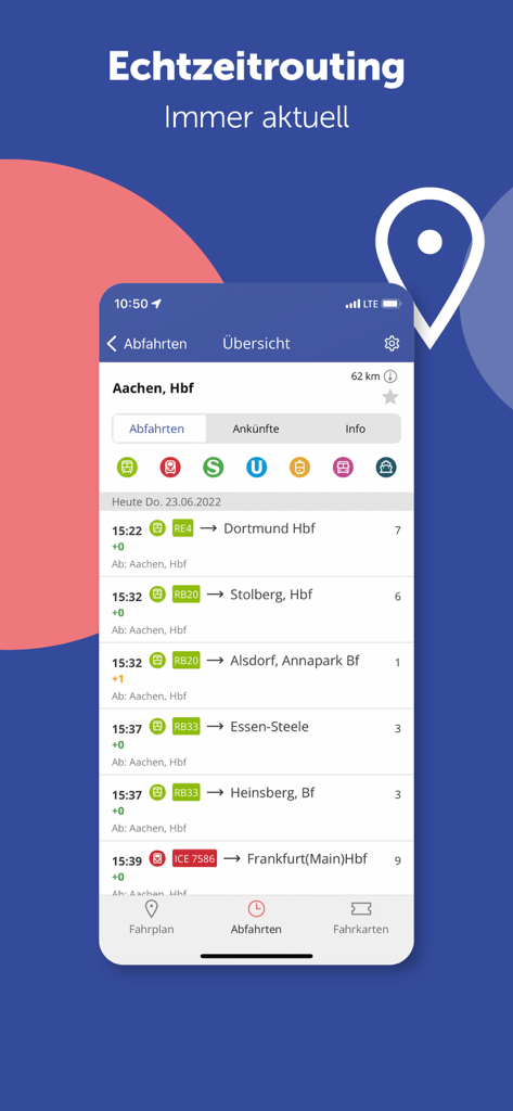 AVV connect - Smartphone screen showing real time train and bus departures for Aachen Central Station in the AVV connect naveo app