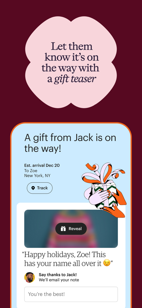 Etsy: Shop Home, Style & More - Screenshot dell'app Etsy che mostra la funzione di anteprima regalo con un messaggio personalizzato e un'opzione per rivelare il regalo