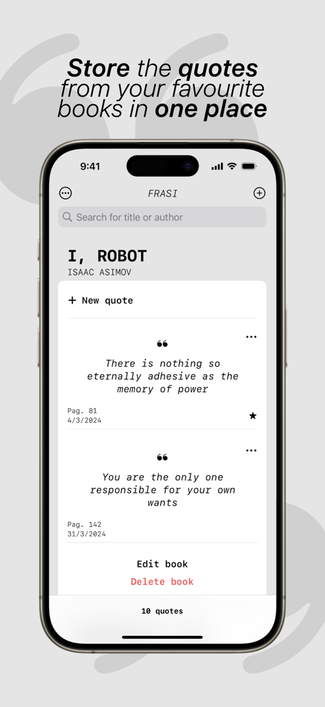 Un smartphone mostrando la interfaz de la aplicación FRASI con citas del libro Yo, Robot