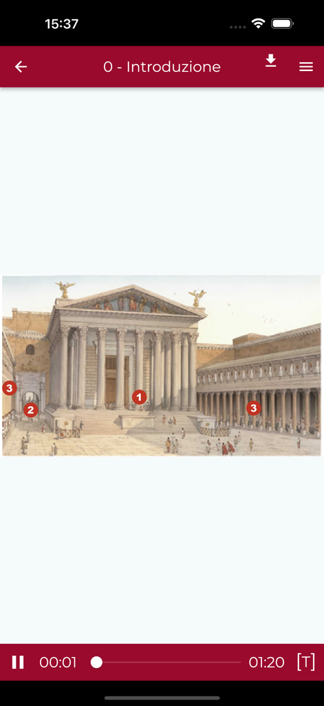 Mercati di Traiano Roma - Introduction screen of the Mercati di Traiano Roma app showing a Roman architectural reconstruction with numbered interest points and audio player controls.