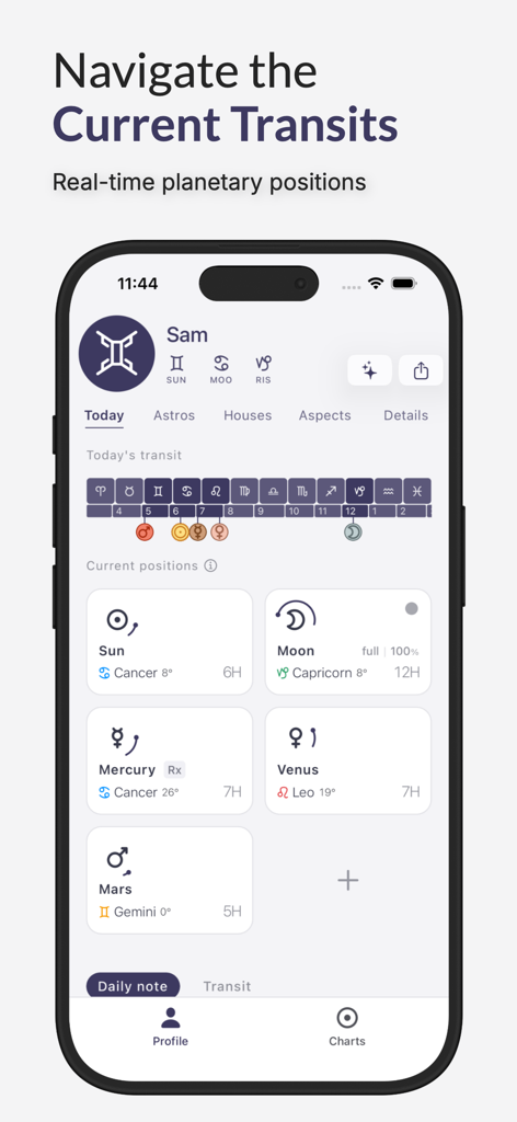 Smartphone exibindo a interface do aplicativo Horos com as posições planetárias atuais e trânsitos astrológicos
