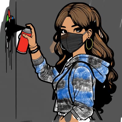 realistic girl with mask spray painting a wall