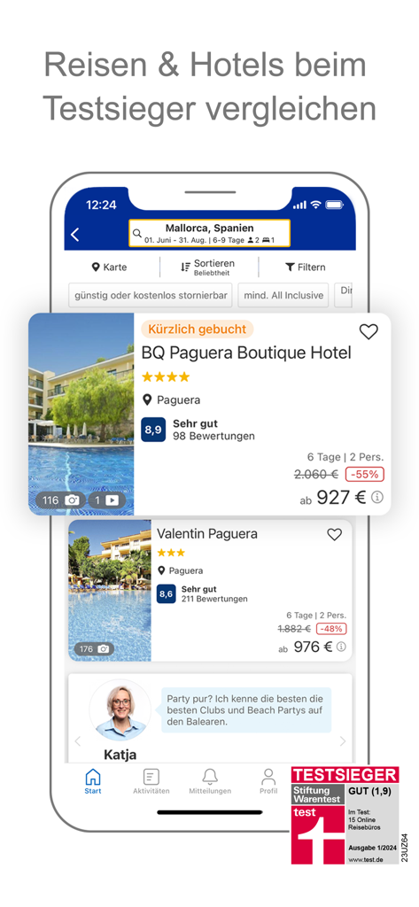 Interfaz de la aplicación móvil CHECK24 mostrando resultados de búsqueda de hoteles y comparaciones de precios para reservas de viajes
