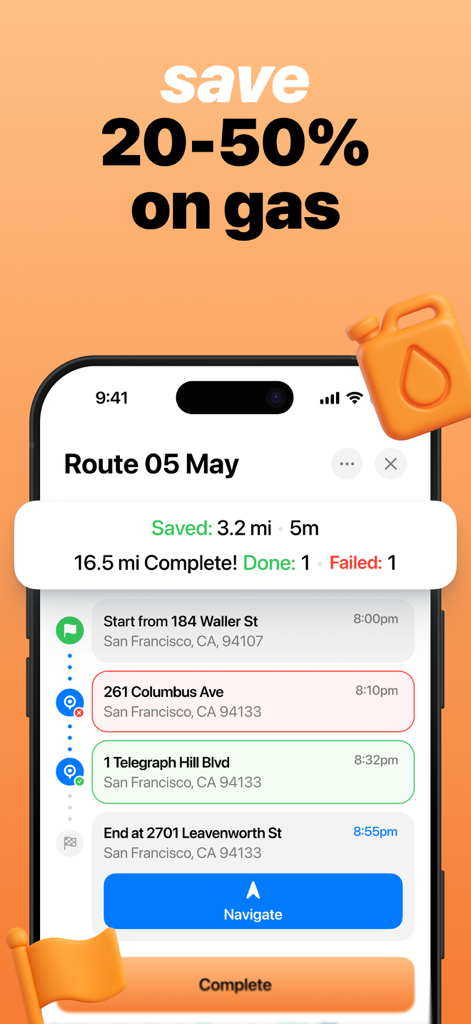 Routo app interface showing optimized delivery routes and a headline for saving 20-50% on gas