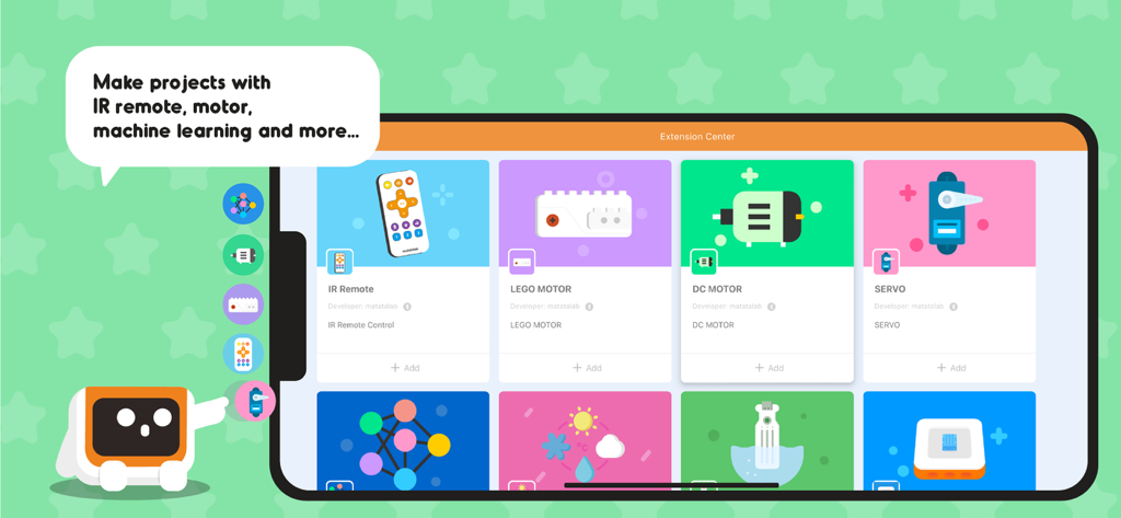 MatataCode(VinciBot) - Centro de extensiones de la aplicación MatataCode que muestra módulos para motores de control remoto IR y aprendizaje automático