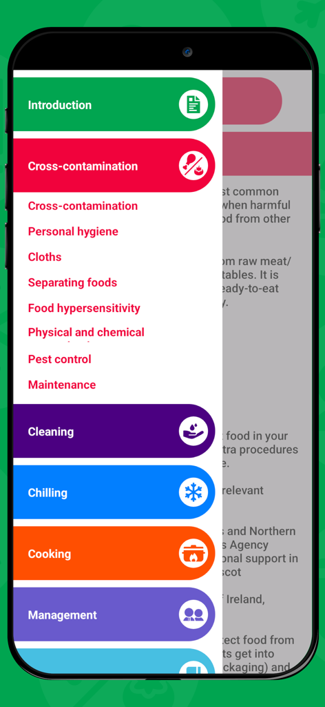 Navigation menu for the SFBB+ food safety app showing compliance categories like cross-contamination and cleaning.
