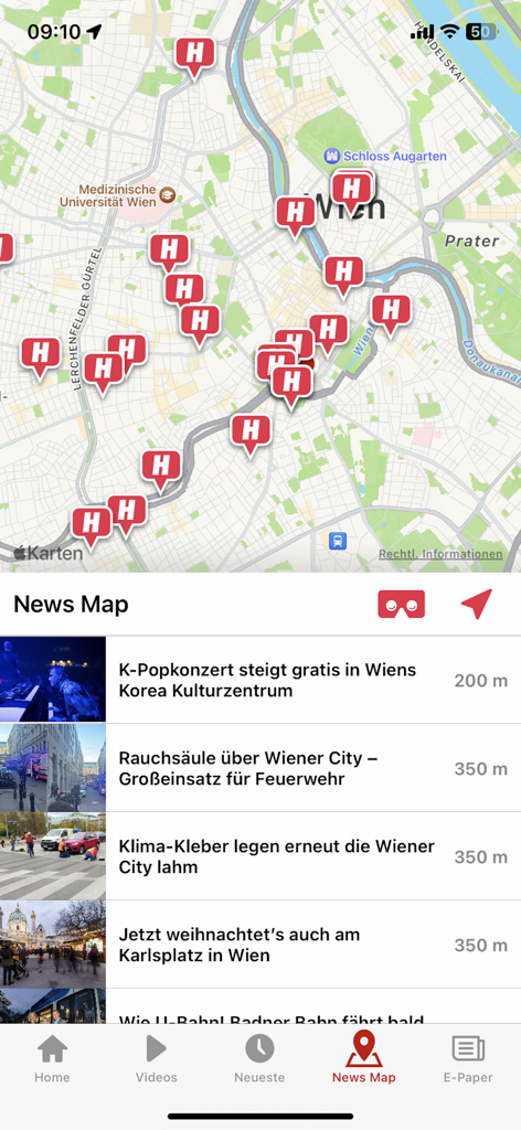 HEUTE – Die Tageszeitung - Función de mapa de noticias interactivo en la aplicación HEUTE que muestra historias de noticias localizadas en Viena