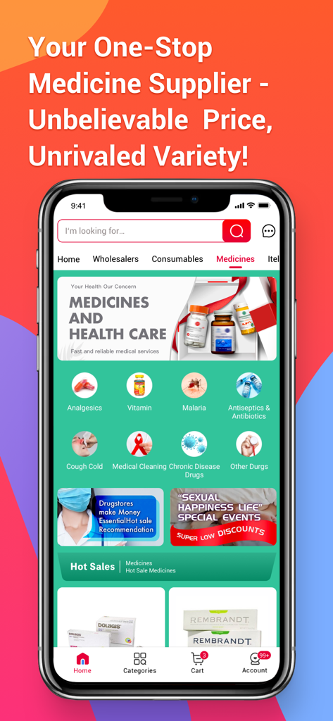 Egatee mobile app interface showing the medicine and health care category with wholesale product listings.