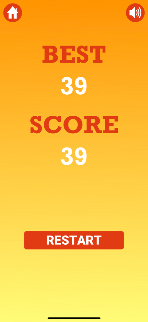 La pantalla de puntuación del Juego de la Papa Caliente, mostrando una puntuación actual y mejor de 39 con un botón de reinicio