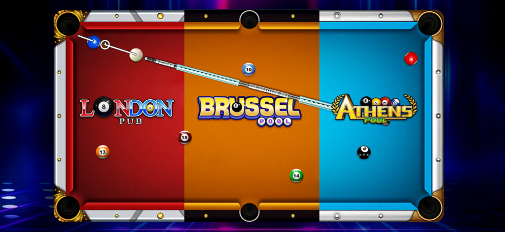 A pool table divided into three themed game rooms: London Pub, Brussel Pool and Athens Pool.