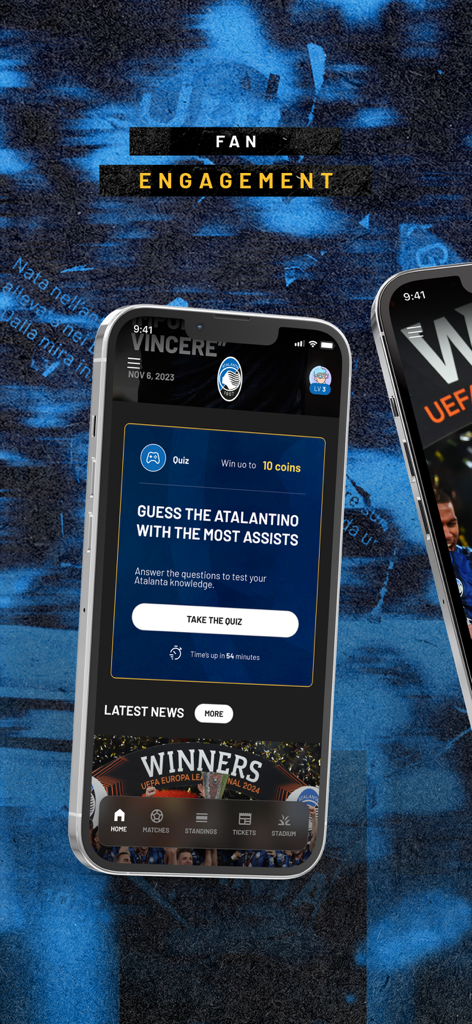 Atalanta BC Official App - Atalanta BC Official App screen displaying a fan quiz and latest club news