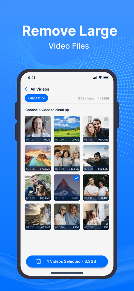Swift Cleaner-Clean Up Storage - Swift Cleaner app interface showing a list of large video files sorted by size with an option to select and delete them to free up storage space.