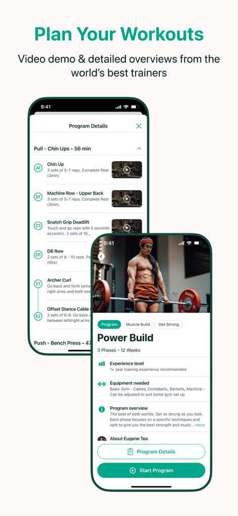 Ganbaru Method - Ganbaru Method app screens showing a detailed workout list and the Power Build program overview by Eugene Teo