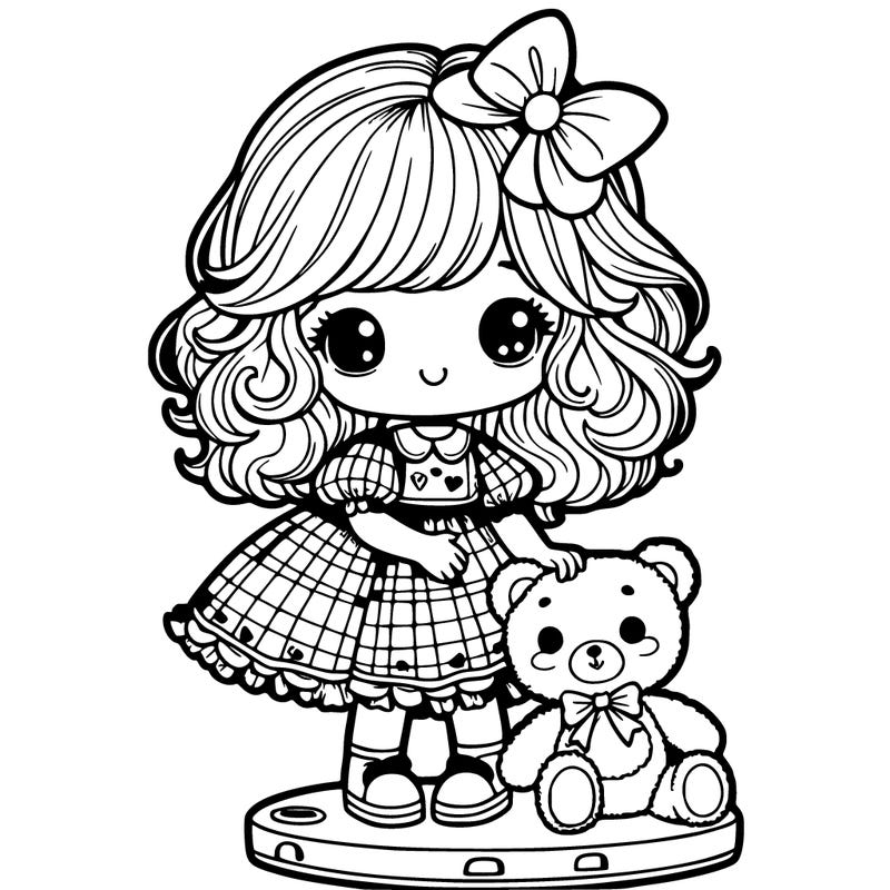 little girl with blonde fluffy hair,holding a teddy bear,with a dollhouse dress platform doll shes,with a doll bow