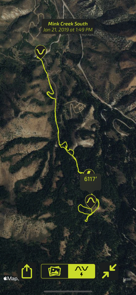 Back Country Workout - Satellite map view showing a tracked cross country skiing route with elevation markers