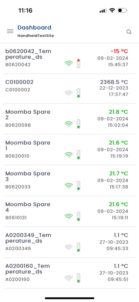 CT APP - Real-time temperature monitoring dashboard in the CT APP showing sensor readings and status alerts.