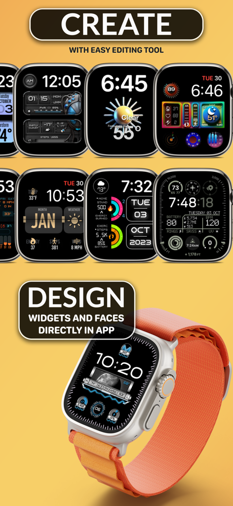 Una varietà di quadranti e widget personalizzati per Apple Watch progettati con lo strumento di editing di Clockology
