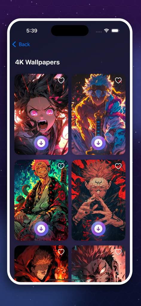 Una galería de fondos de pantalla de anime 4K de alta definición con personajes populares en una interfaz de aplicación móvil