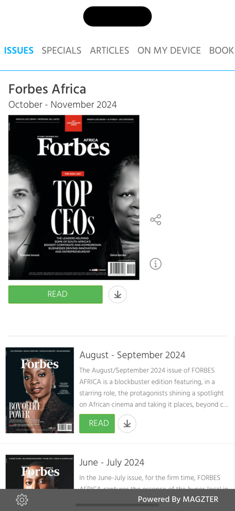 Biblioteca digital de números de la revista Forbes Africa que presenta la edición de los principales CEOs.