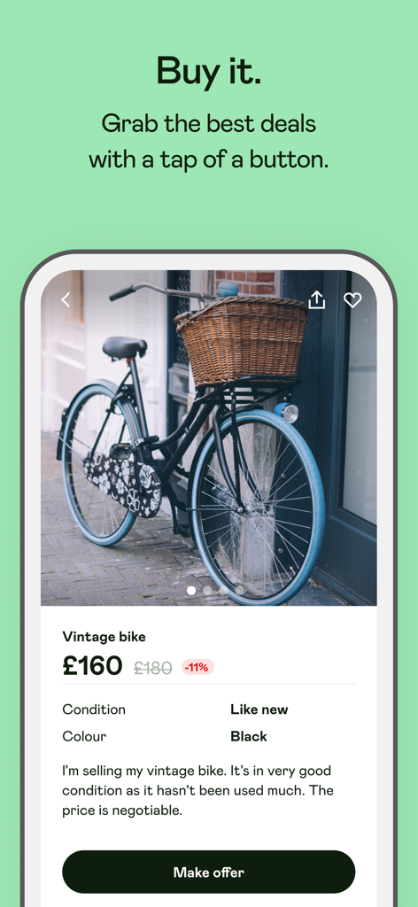 Shpock app interface showing a vintage bike listing for sale.