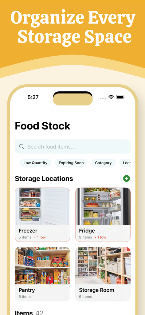 Interfaz de la app Food Stock que muestra ubicaciones de almacenamiento organizadas, incluyendo congelador, refrigerador, despensa y trastero