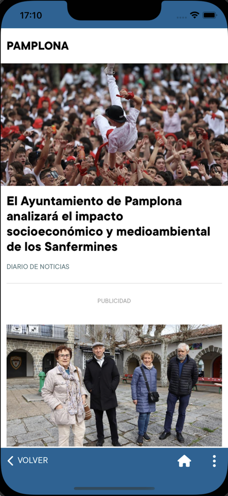 Diario de Noticias de Navarra - Mobile app interface of Diario de Noticias de Navarra showing local news headlines from Pamplona.