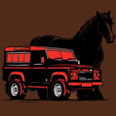 red land rover with a black massive horse