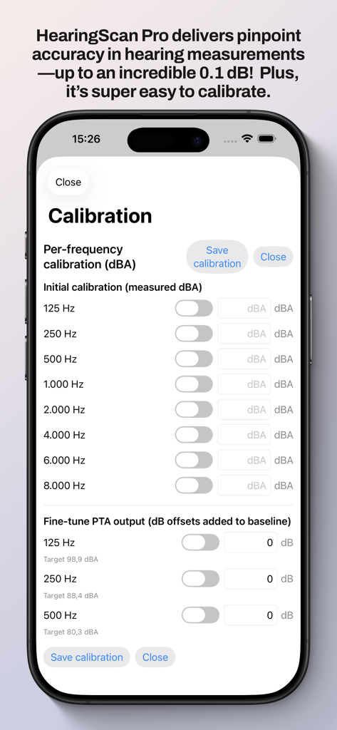 HearingScan Pro - The calibration settings screen of the HearingScan Pro app showing frequency adjustments for precise hearing assessments.