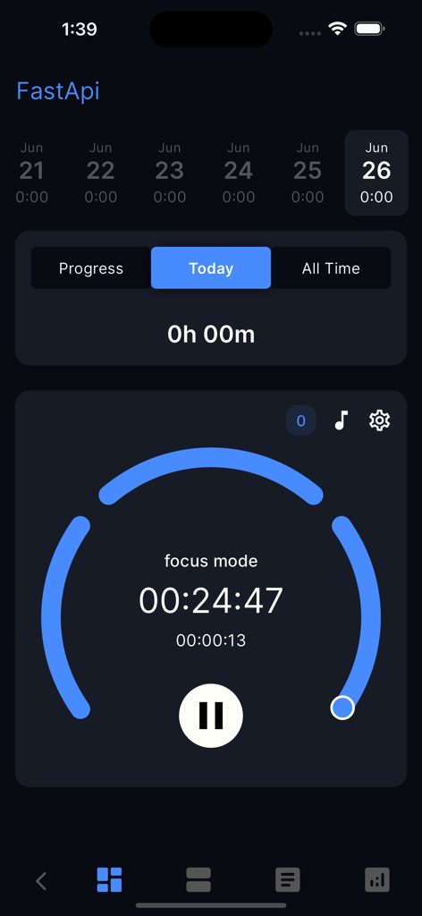 Study Tracker & Timer: TrackIt - Pantalla del modo de enfoque del temporizador Pomodoro de la aplicación TrackIt que muestra un temporizador Pomodoro y el progreso de estudio diario