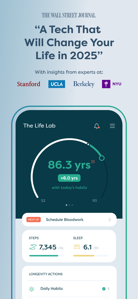 Death Clock AI Health app interface showing a 86.3 year life expectancy with health metrics like steps and sleep data