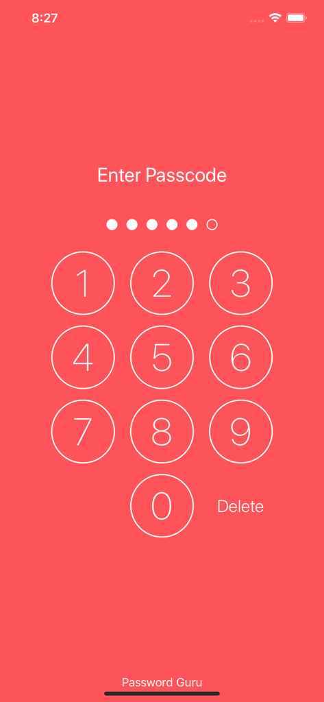 Password Goo app secure passcode entry screen featuring a numeric keypad on a red background