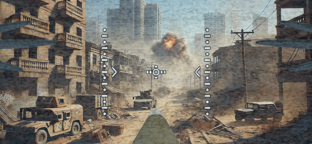 Vista in prima persona da un drone da combattimento che vola attraverso una strada cittadina distrutta verso un'esplosione