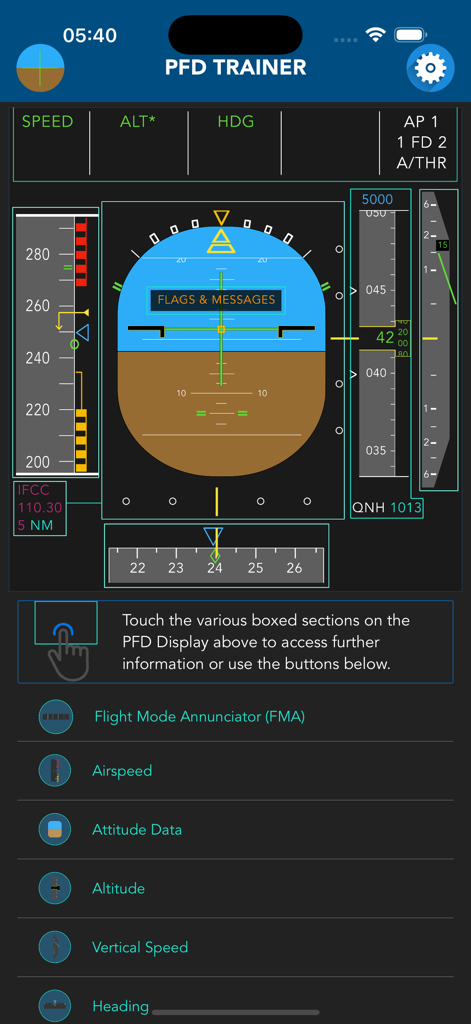 Airbus A320 PFD Trainer - Airbus A320 Primary Flight Display trainer app interface showing flight instruments and training modules
