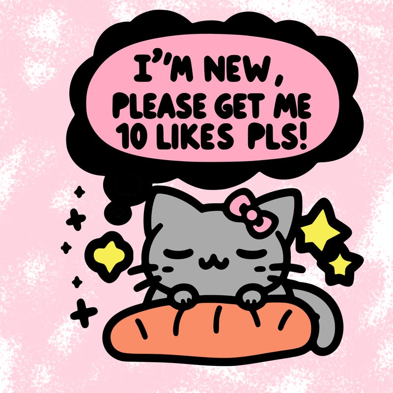 kitty taking a nap dream talking and saying "i'm new, please get me at least 10 likes pls!!"