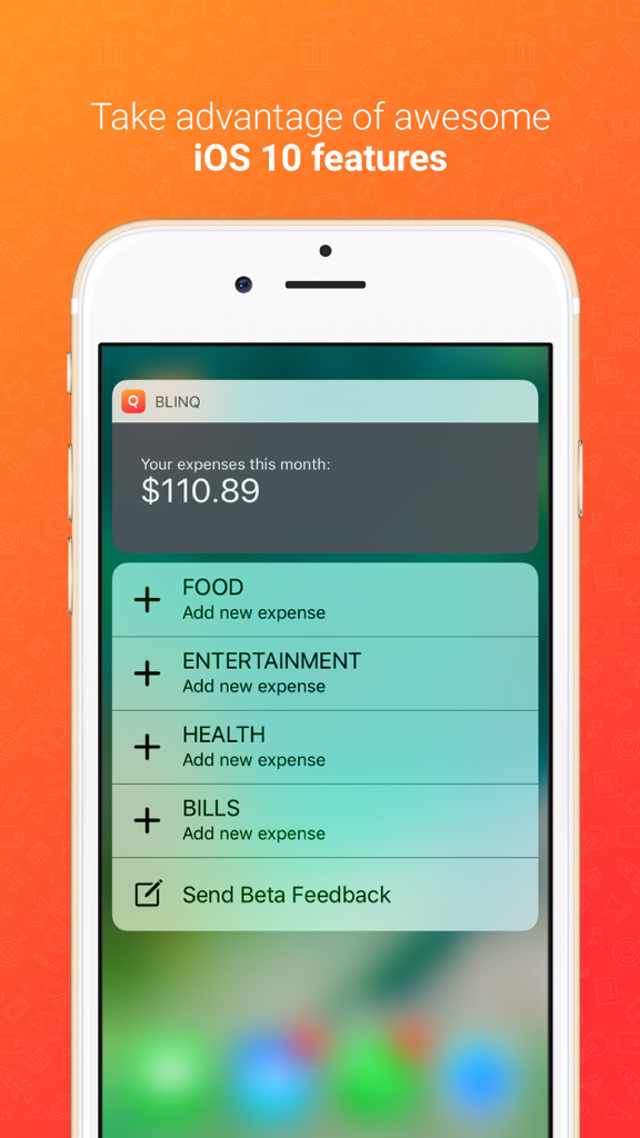 Blinq: Simple Expense Tracker Spendings Analytics - iOS quick action menu for the Blinq expense tracker showing monthly spending and shortcuts to add expenses