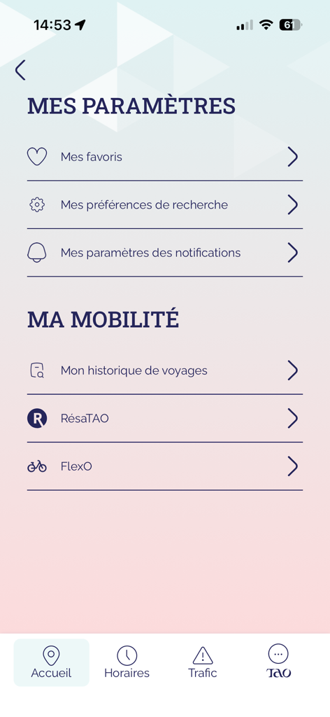 Tao Orléans - The Tao Orleans app settings screen featuring sections for favorites search preferences and mobility history