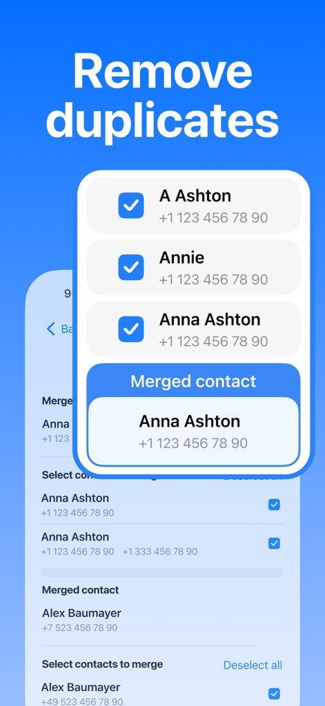 iCleaner Kit - Free Up Storage - Interfaccia di iCleaner Kit che mostra la funzione per rimuovere e unire contatti duplicati