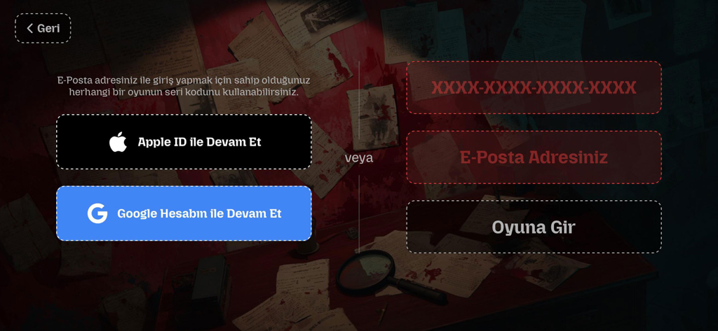 Mystic Games - Login and activation screen of the Mystic Games app featuring social sign in options and serial code entry on a detective themed background