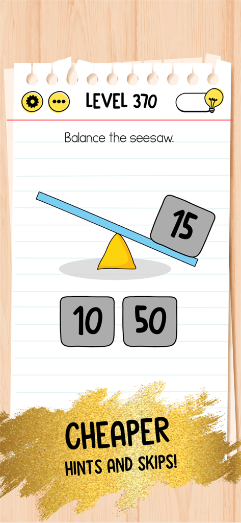 Niveau 370, puzzle de balançoire dans Brain Test Premium avec une bannière pour des indices et des sauts moins chers.