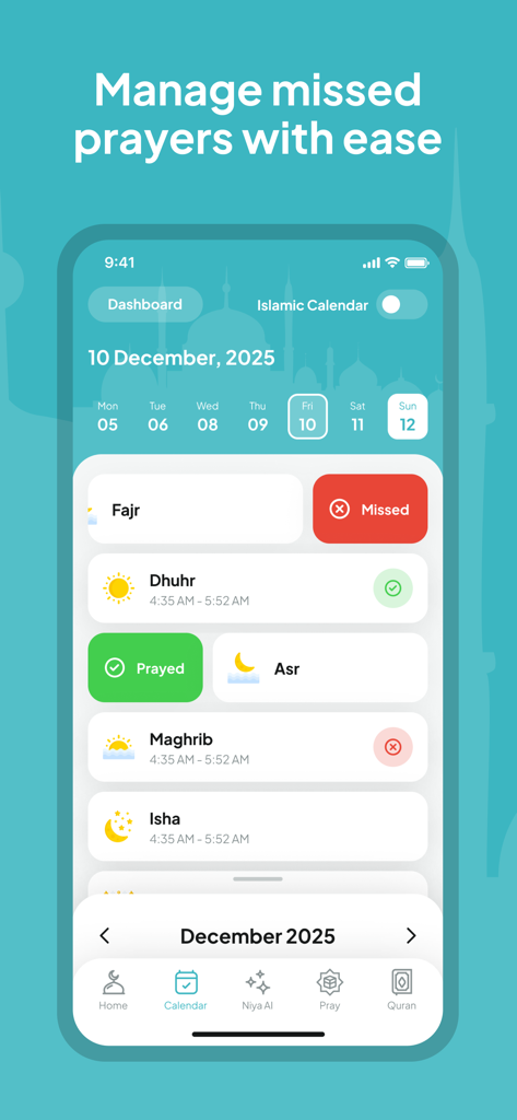 A calendar view in the Niya app for tracking and managing missed Islamic prayers with status indicators.