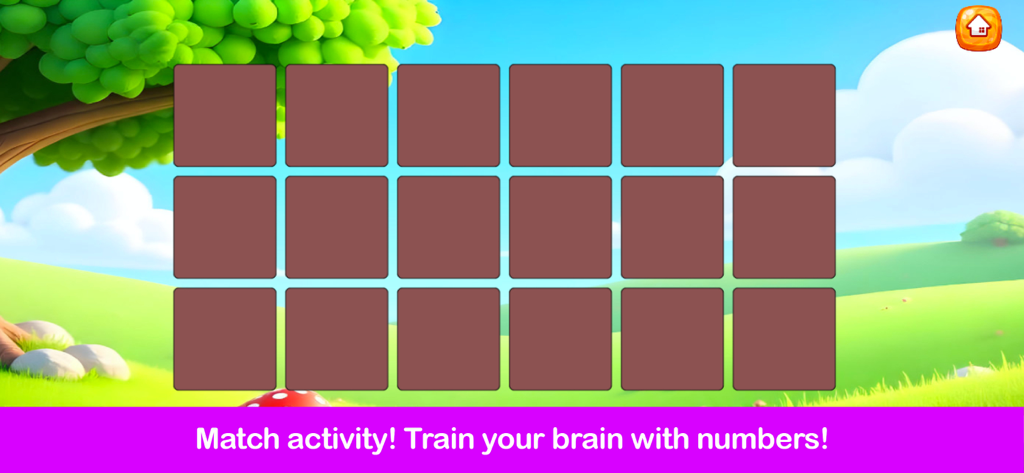 Learn Letters & Numbers - A memory matching activity screen from the Learn Letters and Numbers app featuring a grid of tiles on a sunny background.