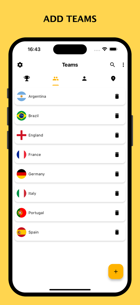 Interface of the Winner Tournament Maker app showing a list of national teams with flags on the add teams screen