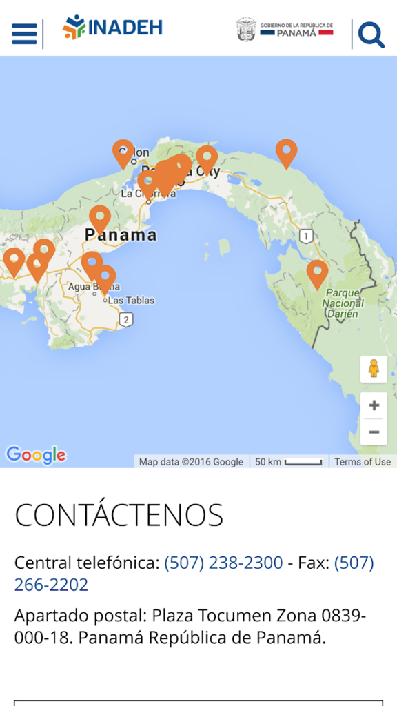 INADEH - Map of Panama showing INADEH vocational training center locations and contact information
