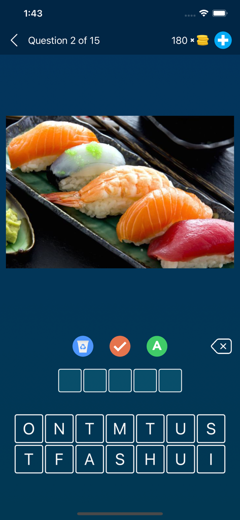 Food Quiz: Guess the Food - Gameplay screenshot of Food Quiz showing a plate of assorted sushi with letter boxes and a letter grid to guess the word